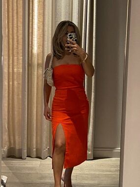 Strapless Orange Midi Dress with Front Slit